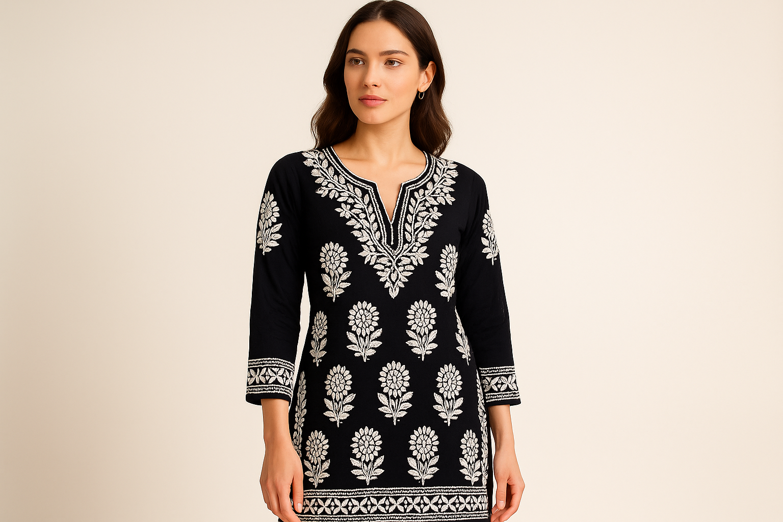 Professional Model wearing Black Chikan Kurti