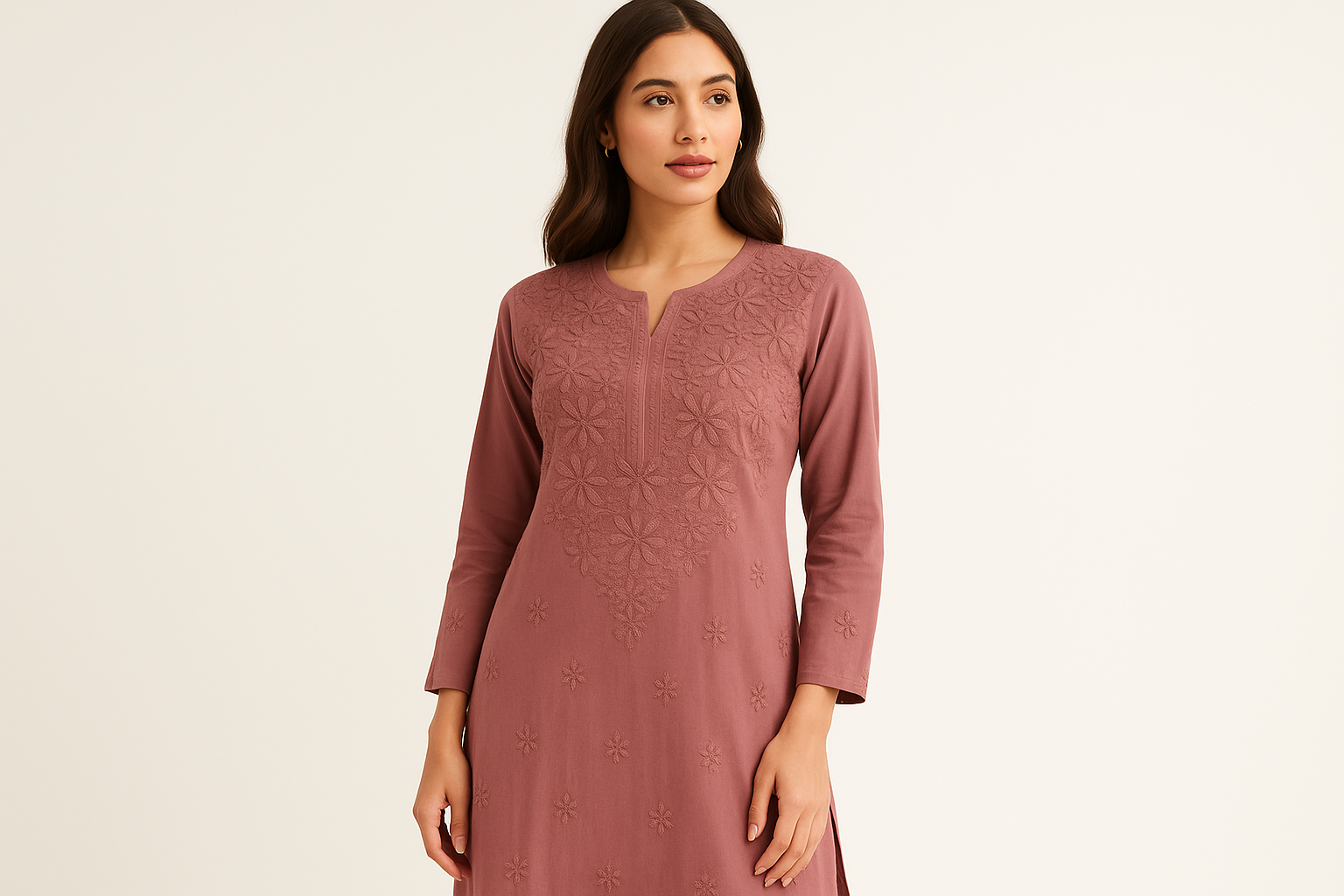 Professional Model wearing Mauve Chikan Kurti
