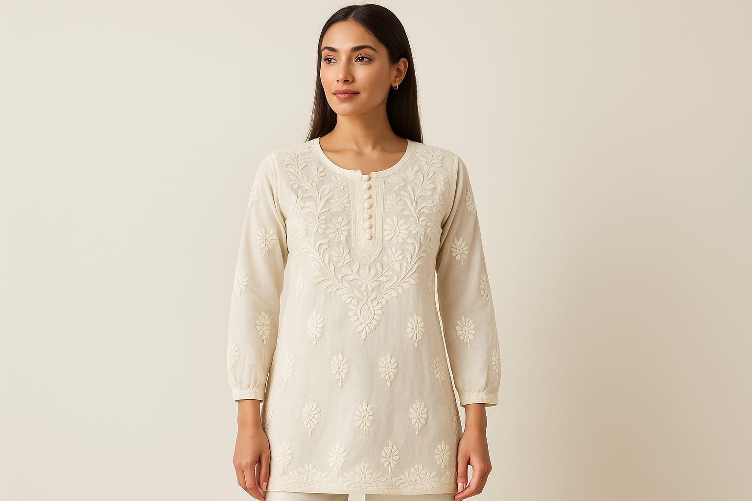 Professional Model wearing White Chikan Kurti